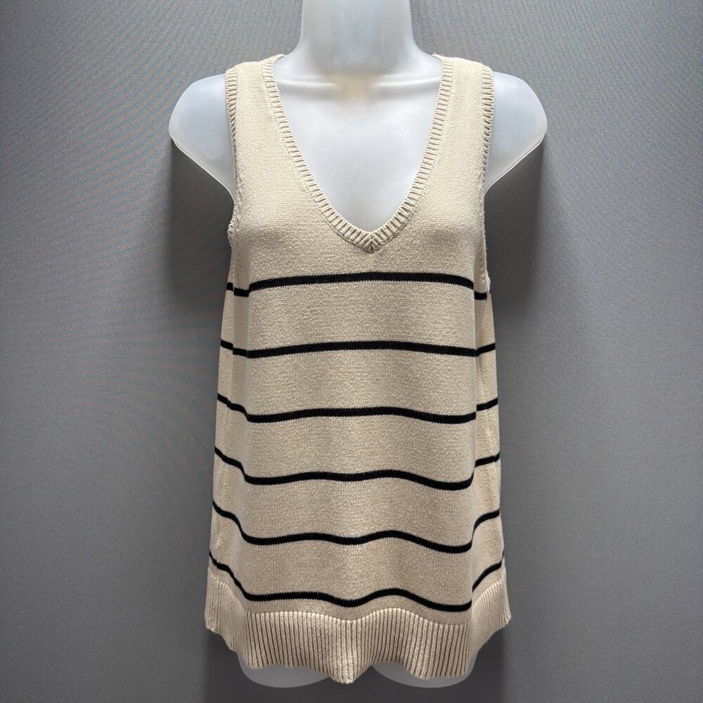 Loft Outlet Tan Knit Coastal Stripe Sweater Vest Sleeveless V neck Size Medium
